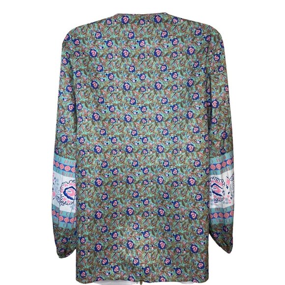 Misslook Womens Boho Top Blue Floral Chiffon Tie V Neck Pullover Sz Small - Picture 5 of 9